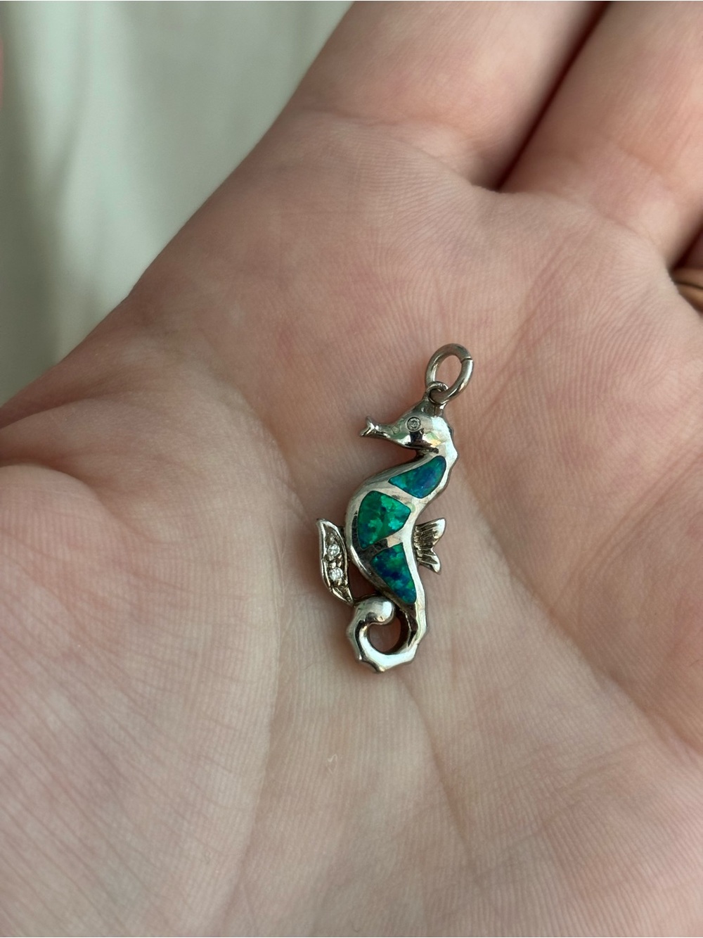 Silver Seahorse Pendant Charm with Blue-Green Inlay